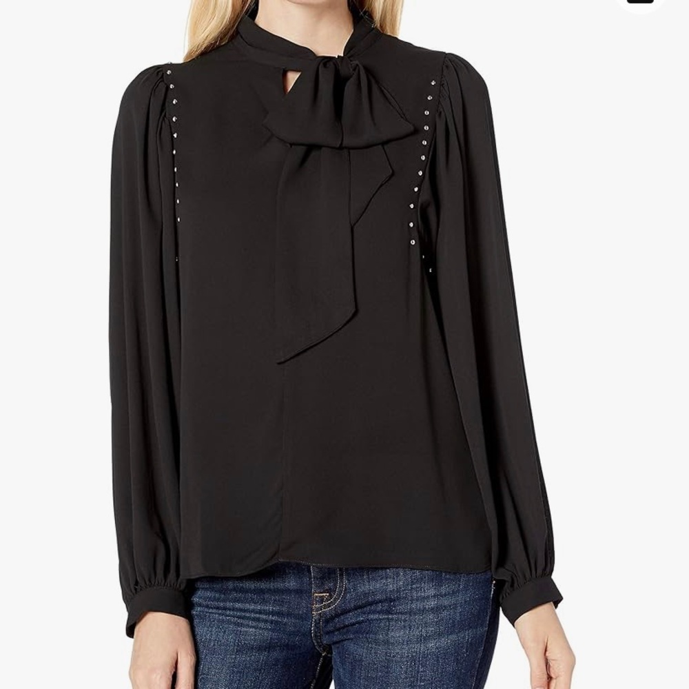 New! Vince Camuto Women's Long Sleeve Puff Embellished Tie Front Blouse XS